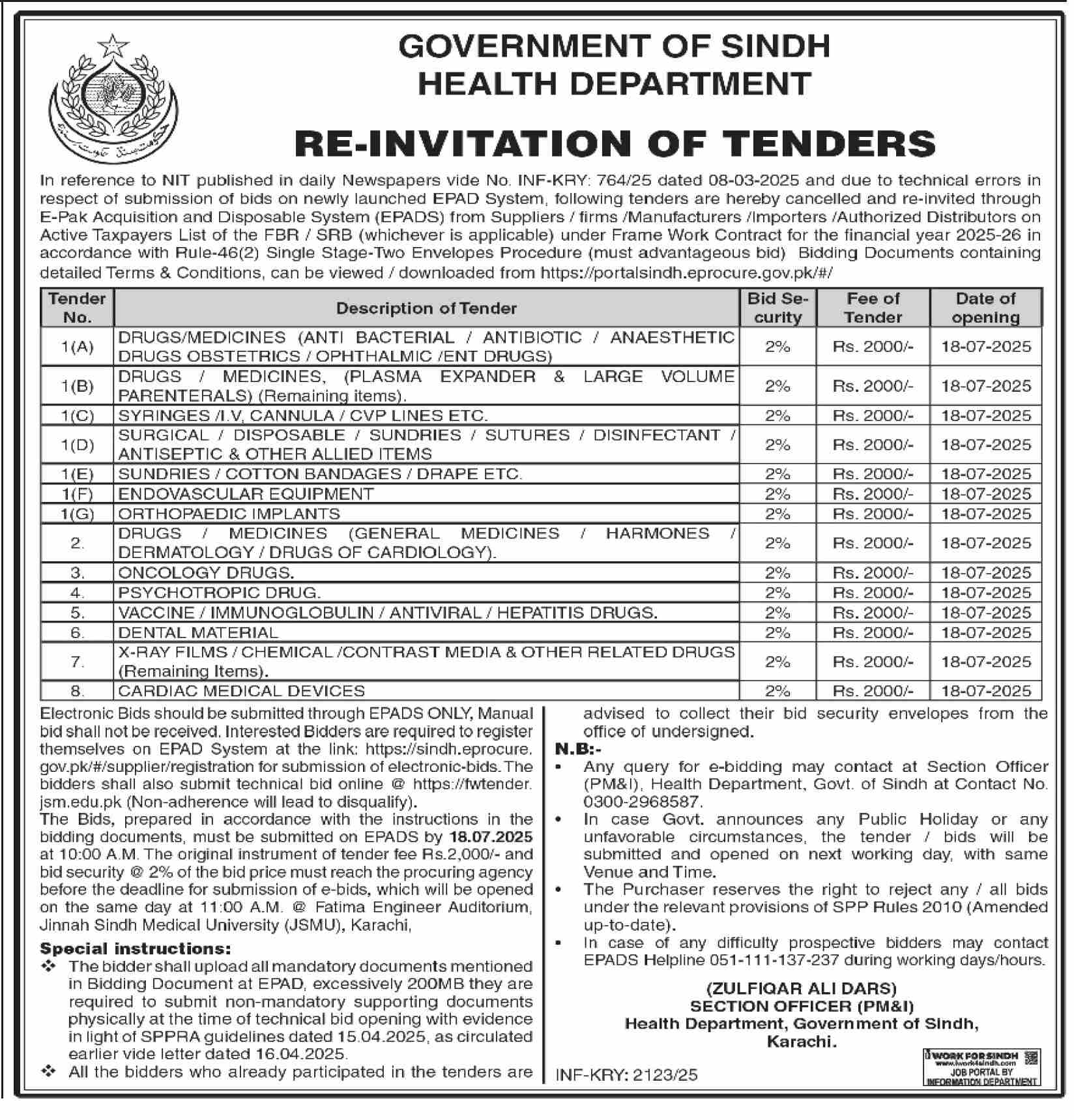 Health Department Karachi Tender Notice